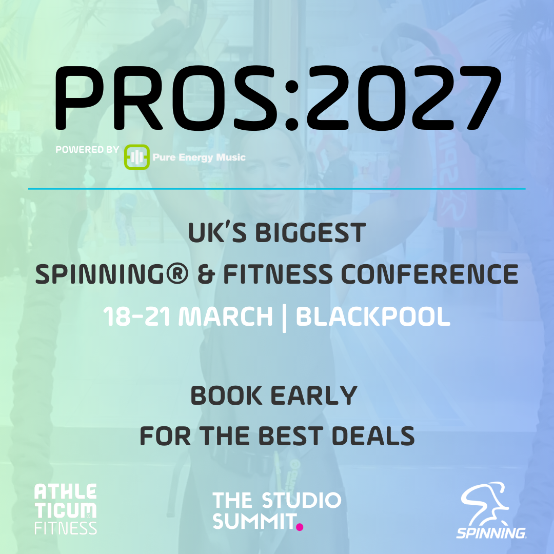 Promotional poster for PROS:2027, UK's biggest Spinning® & Fitness Conference, by Athleticum.