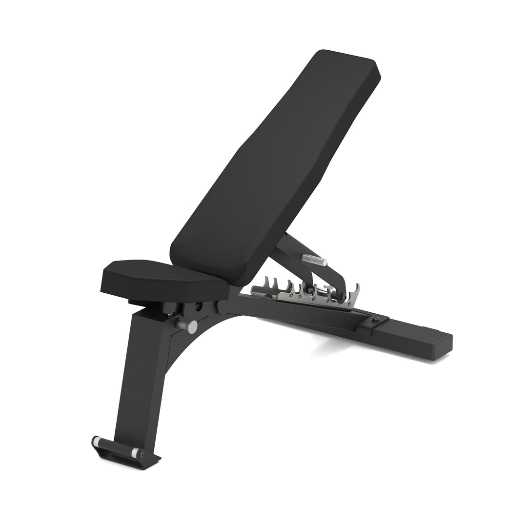 Black adjustable weight bench on a white background